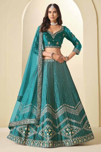 Teal Ice Velvet Heavy Thread Embroidery Sequins Work Lehenga Choli