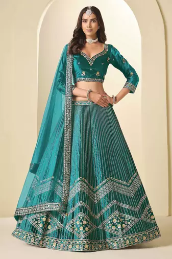 Teal Ice Velvet Heavy Thread Embroidery Sequins Work Lehenga Choli