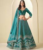 Teal Ice Velvet Heavy Thread Embroidery Sequins Work Lehenga Choli