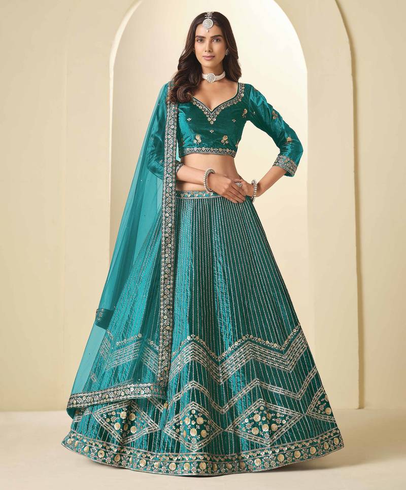 Teal Ice Velvet Heavy Thread Embroidery Sequins Work Lehenga Choli