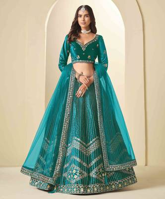 Teal Ice Velvet Heavy Thread Embroidery Sequins Work Lehenga Choli 2
