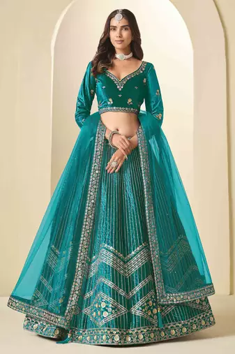 Teal Ice Velvet Heavy Thread Embroidery Sequins Work Lehenga Choli
