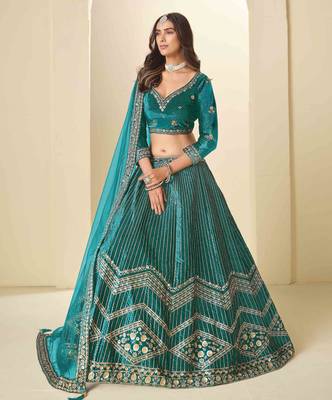 Teal Ice Velvet Heavy Thread Embroidery Sequins Work Lehenga Choli 3