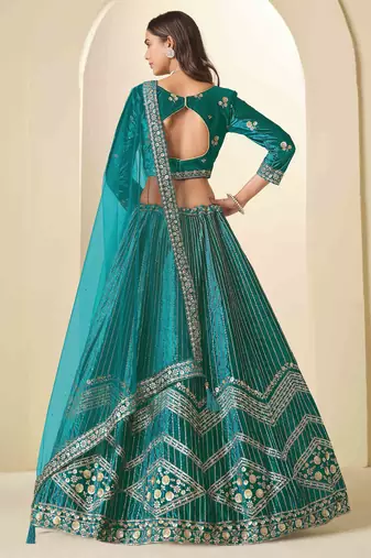 Teal Ice Velvet Heavy Thread Embroidery Sequins Work Lehenga Choli