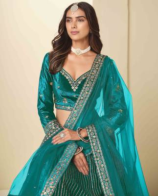 Teal Ice Velvet Heavy Thread Embroidery Sequins Work Lehenga Choli 5