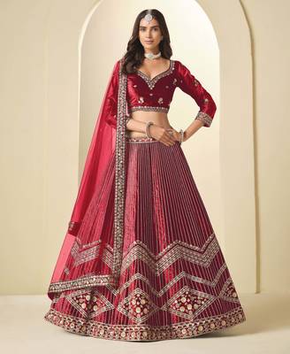 Maroon Ice Velvet Heavy Thread Embroidery Sequins Work Lehenga Choli 1
