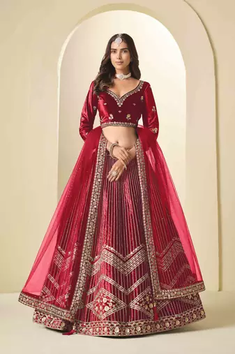 Maroon Ice Velvet Heavy Thread Embroidery Sequins Work Lehenga Choli