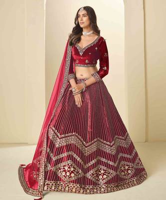 Maroon Ice Velvet Heavy Thread Embroidery Sequins Work Lehenga Choli 3