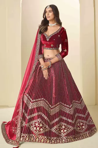 Maroon Ice Velvet Heavy Thread Embroidery Sequins Work Lehenga Choli