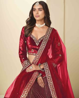 Maroon Ice Velvet Heavy Thread Embroidery Sequins Work Lehenga Choli 5