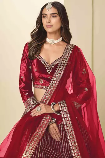Maroon Ice Velvet Heavy Thread Embroidery Sequins Work Lehenga Choli