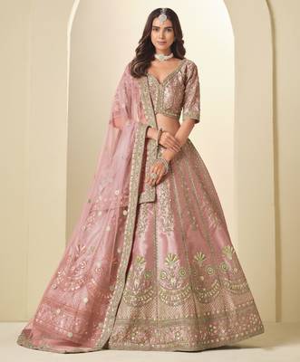 Pink Art Silk Heavy Thread Embroidery Sequins Work Lehenga Choli 1