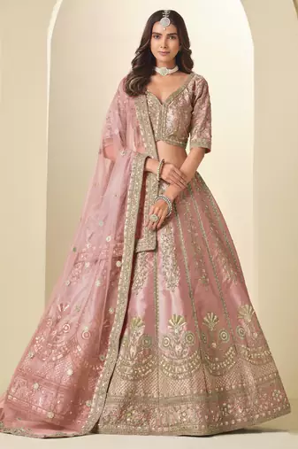 Pink Art Silk Heavy Thread Embroidery Sequins Work Lehenga Choli