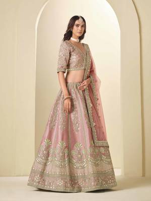 Pink Art Silk Heavy Thread Embroidery Sequins Work Lehenga Choli 2