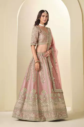 Pink Art Silk Heavy Thread Embroidery Sequins Work Lehenga Choli