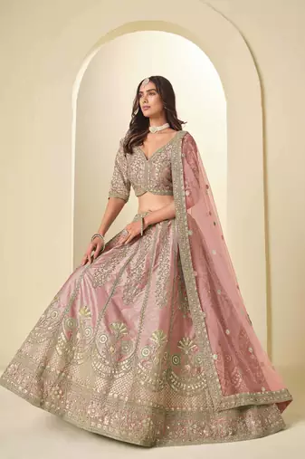 Pink Art Silk Heavy Thread Embroidery Sequins Work Lehenga Choli
