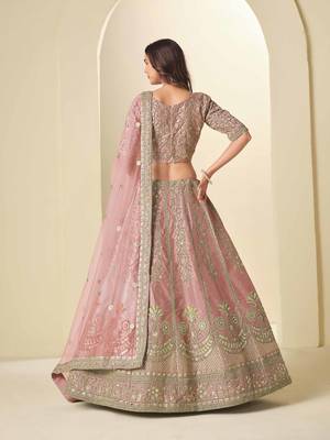 Pink Art Silk Heavy Thread Embroidery Sequins Work Lehenga Choli 4