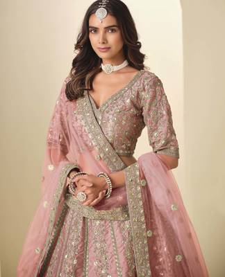 Pink Art Silk Heavy Thread Embroidery Sequins Work Lehenga Choli 5