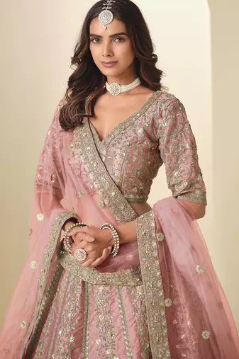 Pink Art Silk Heavy Thread Embroidery Sequins Work Lehenga Choli