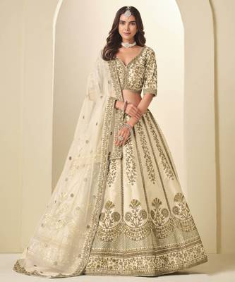Cream Art Silk Heavy Thread Embroidery Sequins Work Lehenga Choli 1