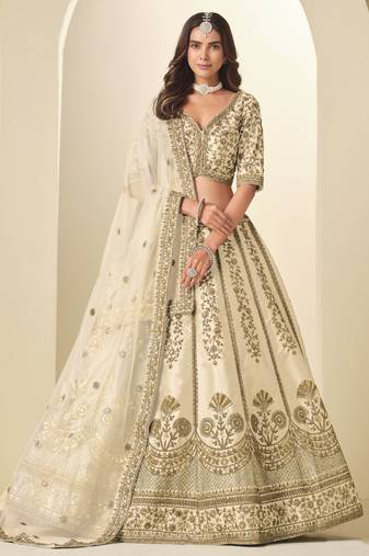 Cream Art Silk Heavy Thread Embroidery Sequins Work Lehenga Choli