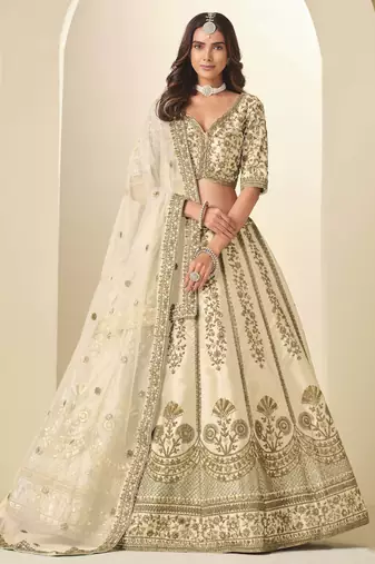 Cream Art Silk Heavy Thread Embroidery Sequins Work Lehenga Choli