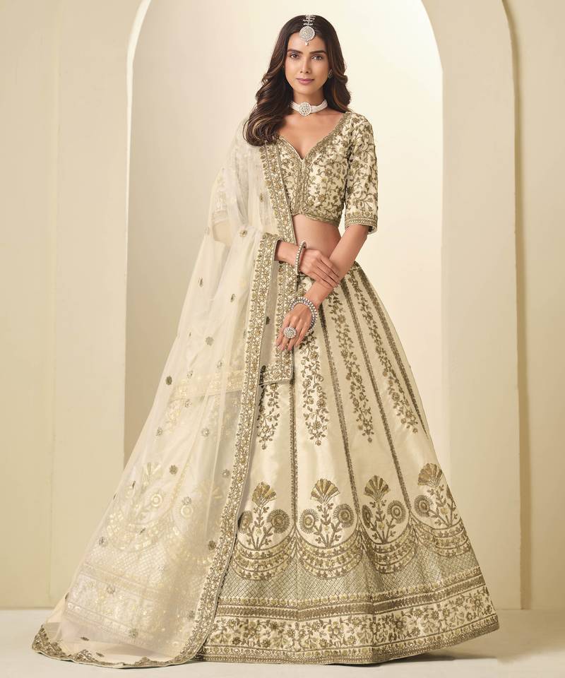 Cream Art Silk Heavy Thread Embroidery Sequins Work Lehenga Choli