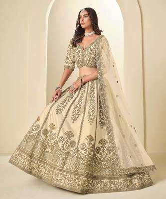 Cream Art Silk Heavy Thread Embroidery Sequins Work Lehenga Choli 3