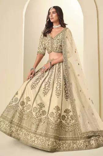 Cream Art Silk Heavy Thread Embroidery Sequins Work Lehenga Choli