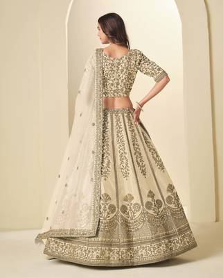 Cream Art Silk Heavy Thread Embroidery Sequins Work Lehenga Choli 4