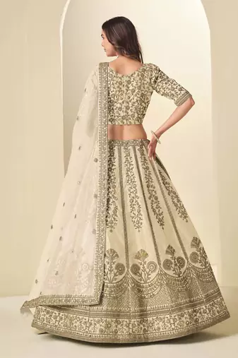 Cream Art Silk Heavy Thread Embroidery Sequins Work Lehenga Choli