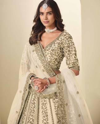 Cream Art Silk Heavy Thread Embroidery Sequins Work Lehenga Choli 5