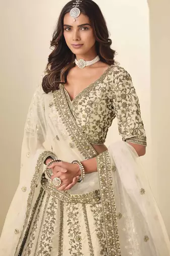Cream Art Silk Heavy Thread Embroidery Sequins Work Lehenga Choli