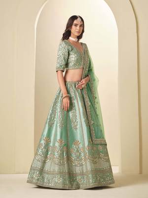 Light Green Art Silk Heavy Thread Embroidery Sequins Work Lehenga Choli 2