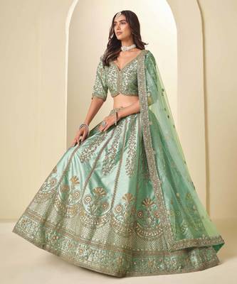 Light Green Art Silk Heavy Thread Embroidery Sequins Work Lehenga Choli 3