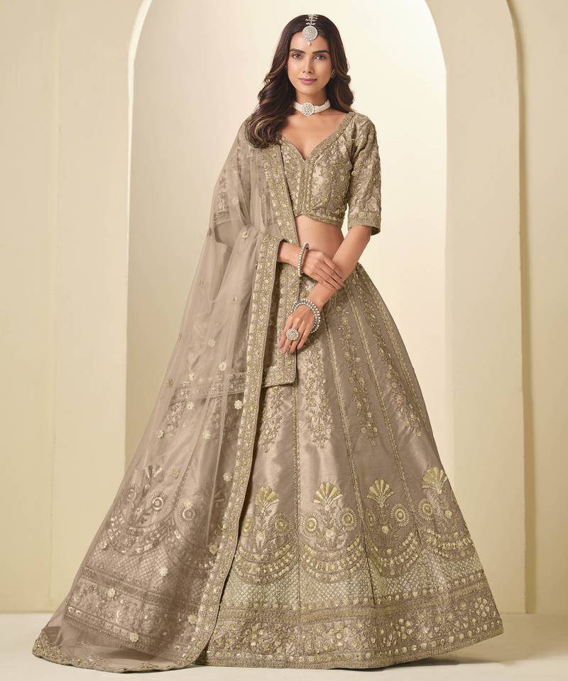 Brown Art Silk Heavy Thread Embroidery Sequins Work Lehenga Choli