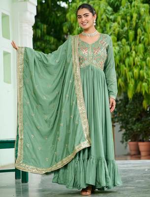 Elegant Green Floral Embroidered Silk Flared Gown With Dupatta 1