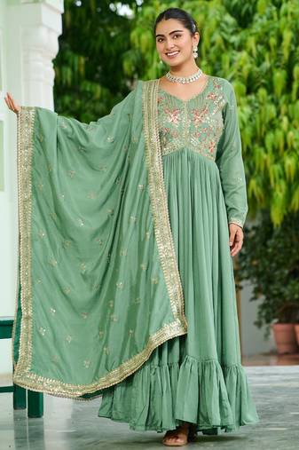 Elegant Green Floral Embroidered Silk Flared Gown With Dupatta