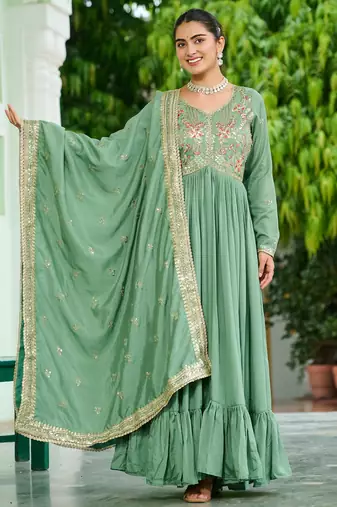Elegant Green Floral Embroidered Silk Flared Gown With Dupatta