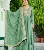 Elegant Green Floral Embroidered Silk Flared Gown With Dupatta