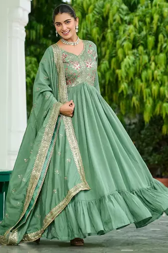 Elegant Green Floral Embroidered Silk Flared Gown With Dupatta
