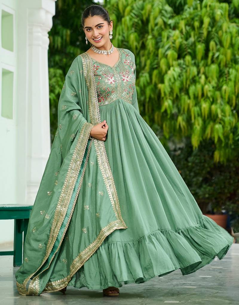 Elegant Green Floral Embroidered Silk Flared Gown With Dupatta