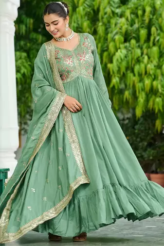 Elegant Green Floral Embroidered Silk Flared Gown With Dupatta