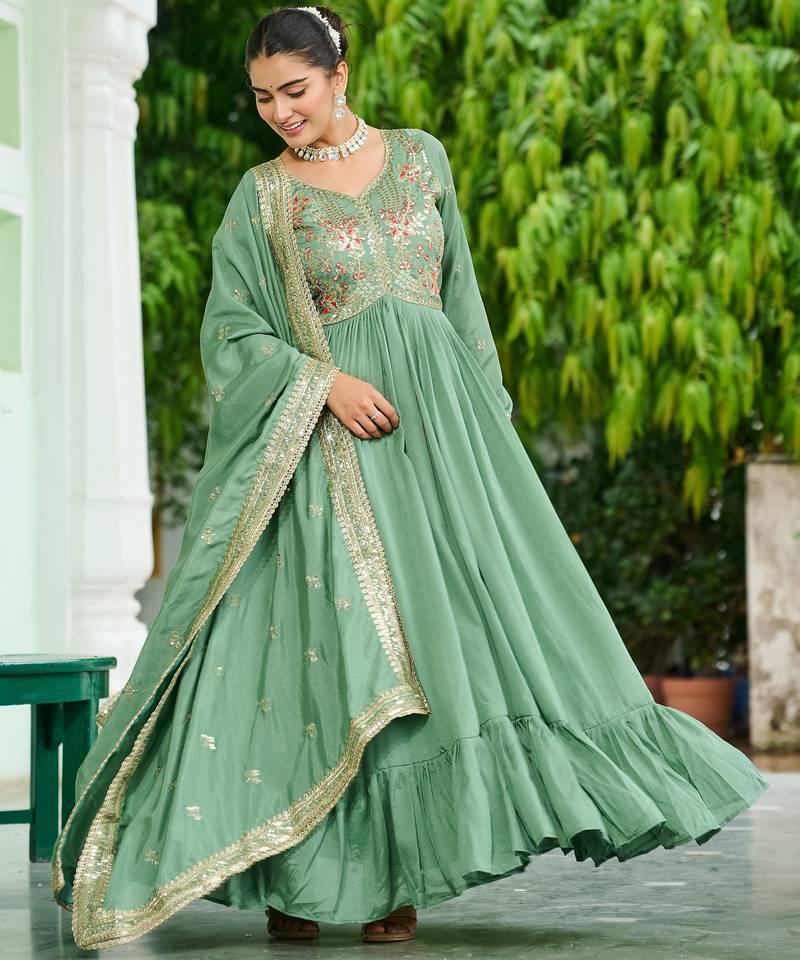 Elegant Green Floral Embroidered Silk Flared Gown With Dupatta