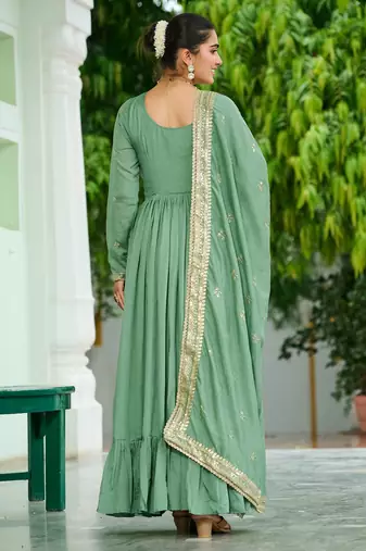 Elegant Green Floral Embroidered Silk Flared Gown With Dupatta