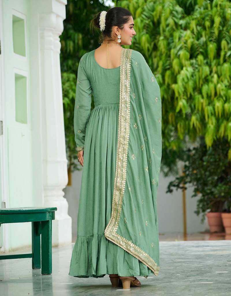 Elegant Green Floral Embroidered Silk Flared Gown With Dupatta