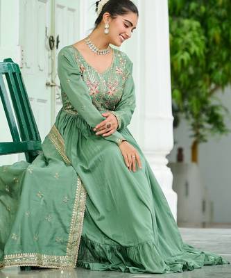Elegant Green Floral Embroidered Silk Flared Gown With Dupatta 6