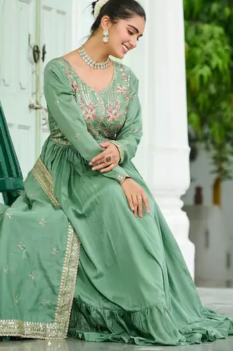 Elegant Green Floral Embroidered Silk Flared Gown With Dupatta