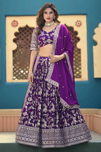 Purple Dola Silk Jacquard Woven With Heavy Thread Embroidery Sequins Work Lehenga Choli