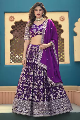 Purple Dola Silk Jacquard Woven With Heavy Thread Embroidery Sequins Work Lehenga Choli